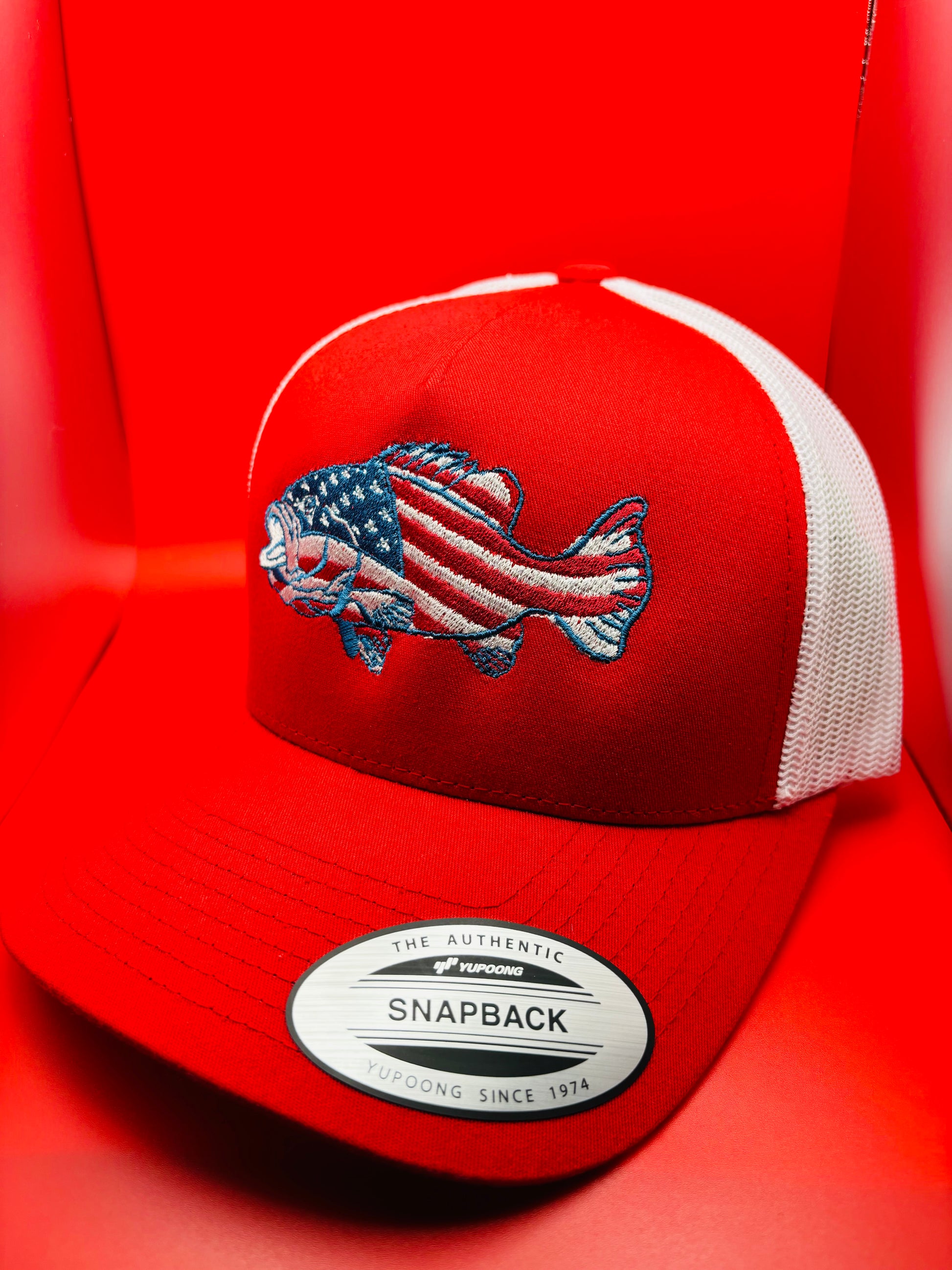 ‘USA Flag Bass Fish’ Embroidered SnapBack Trucker Hat - Ryze North 