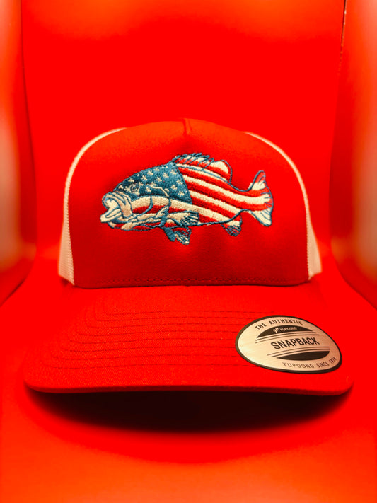 ‘USA Flag Bass Fish’ Embroidered SnapBack Trucker Hat - Ryze North 