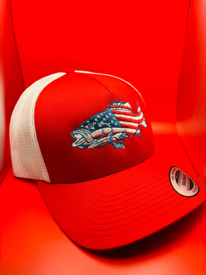 ‘USA Flag Bass Fish’ Embroidered SnapBack Trucker Hat - Ryze North 